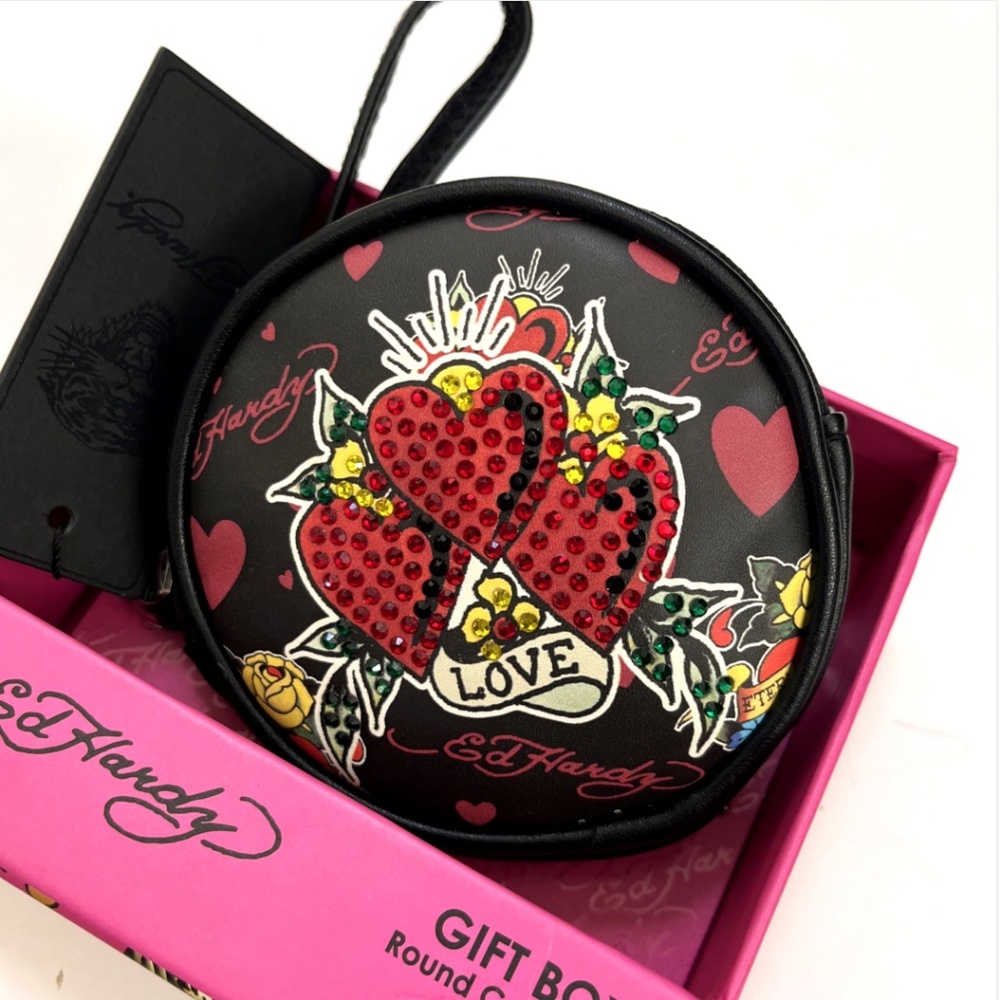Ed Hardy 2pc Coin Purse Wristlet Set Heart Rhinestone  Tattoo Black White NWT - Picture 3 of 6